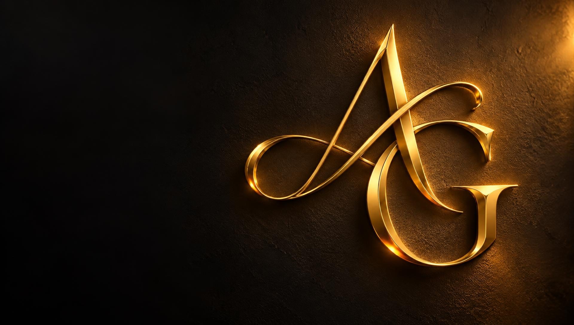 Gouden AG-monogram van Antwerp-Glow op een zwarte muur